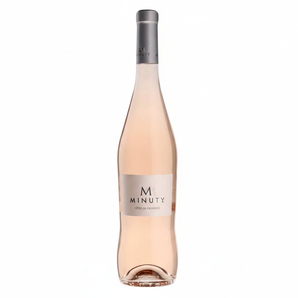 Chateau Minuty M De Minuty Rosé wine bottle with a pink label and a glass of rosé wine on a wooden table.