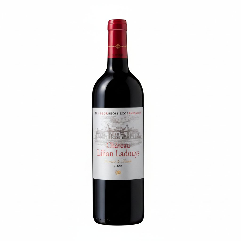 Bottle of Famille Lorenzetti Chateau Lilian Ladouys red wine with label visible, resting on a wine cellar shelf.