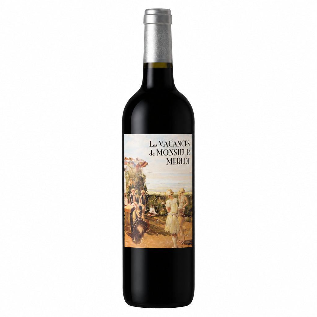 Chateau Peybonhomme Vacances De M Merlot VDF wine bottle with label and cork in a close-up shot.