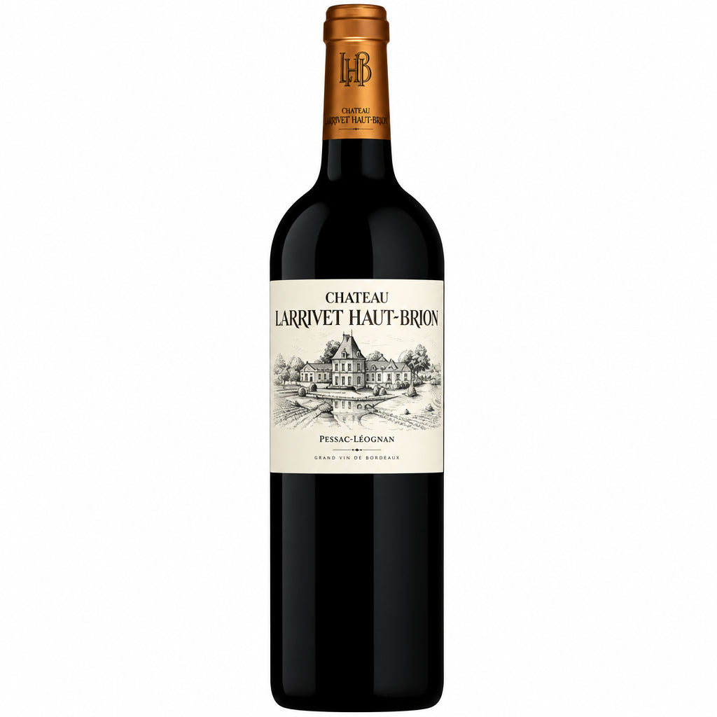 Chateau Larrivet Haut-Brion wine bottle with label visible, placed on a wooden surface with a blurred background.