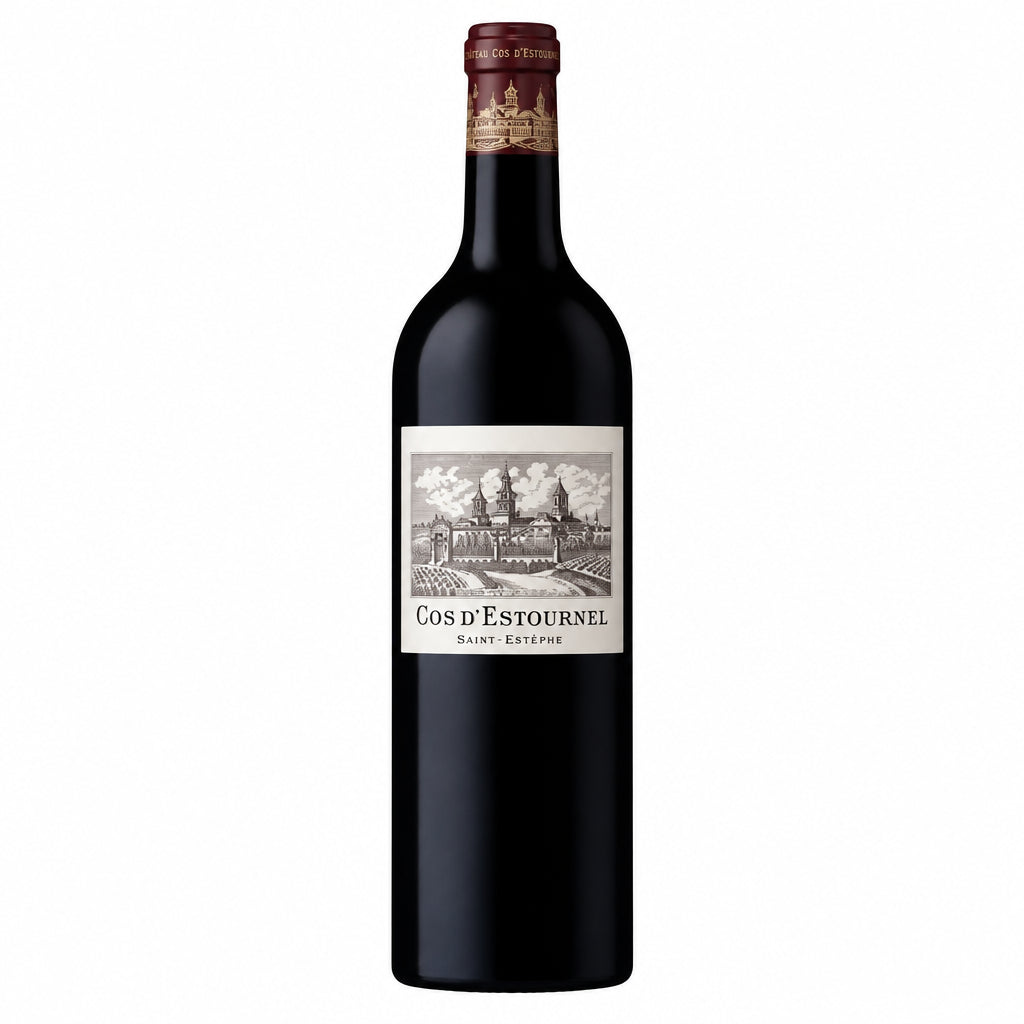 Bottle of Chateau Cos D'estournel 2022 red wine with label visible, set against a neutral background.