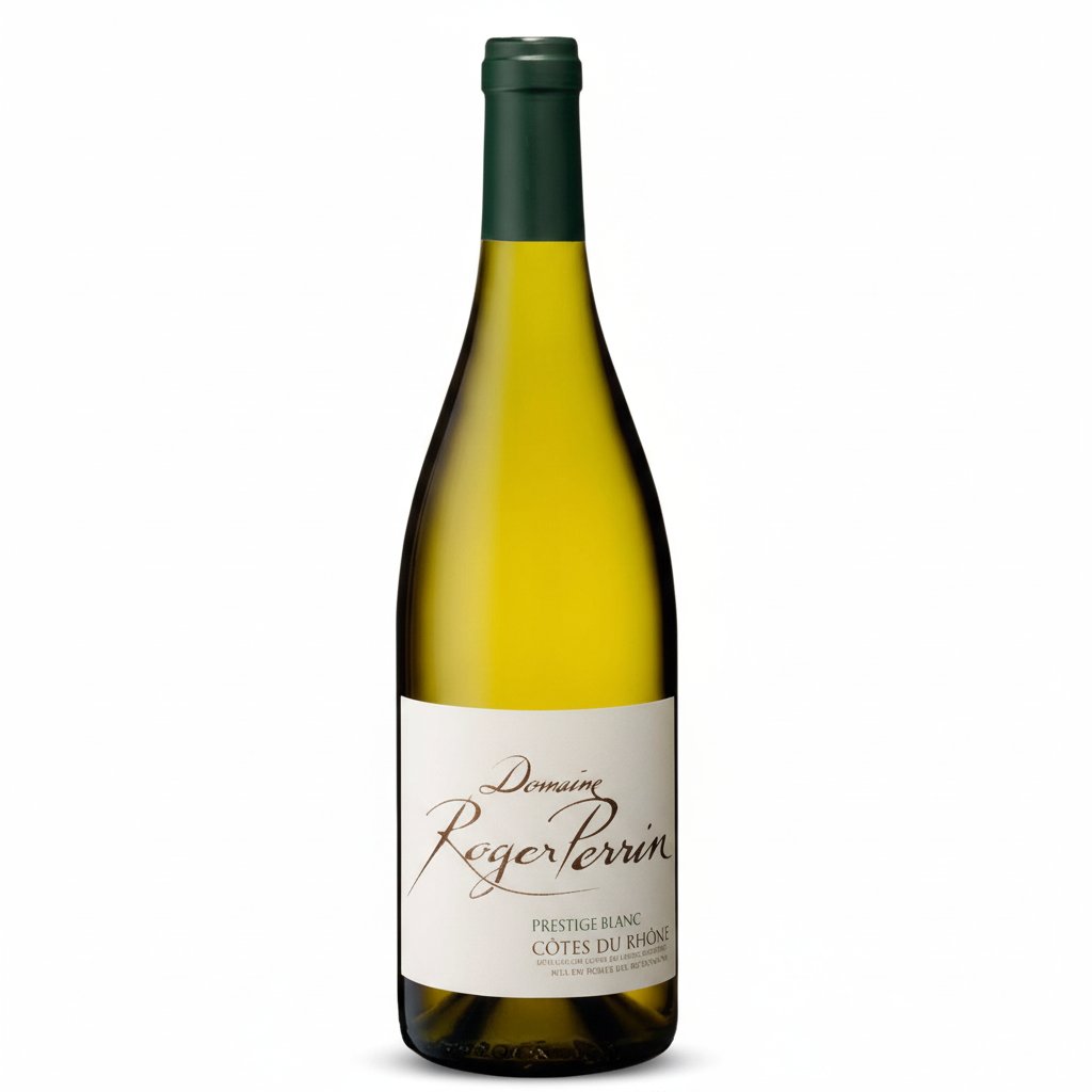 A bottle of Roger Perrin Cotes du Rhone Prestige Blanc wine with a label featuring elegant design and a white background.