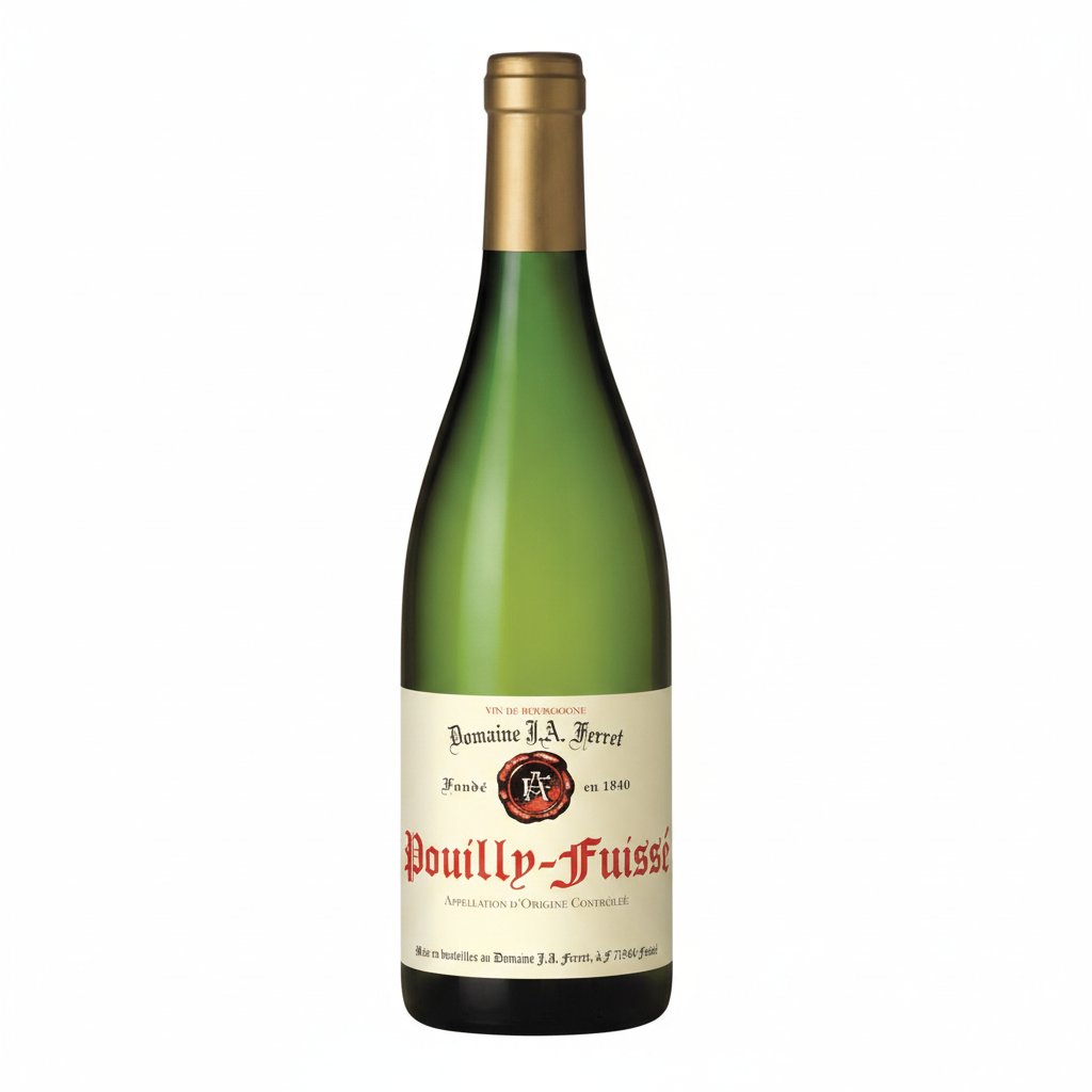 Bottle of Domaine Ferret Pouilly Fuisse white wine with a clear label, sitting on a wooden surface with a blurred background.