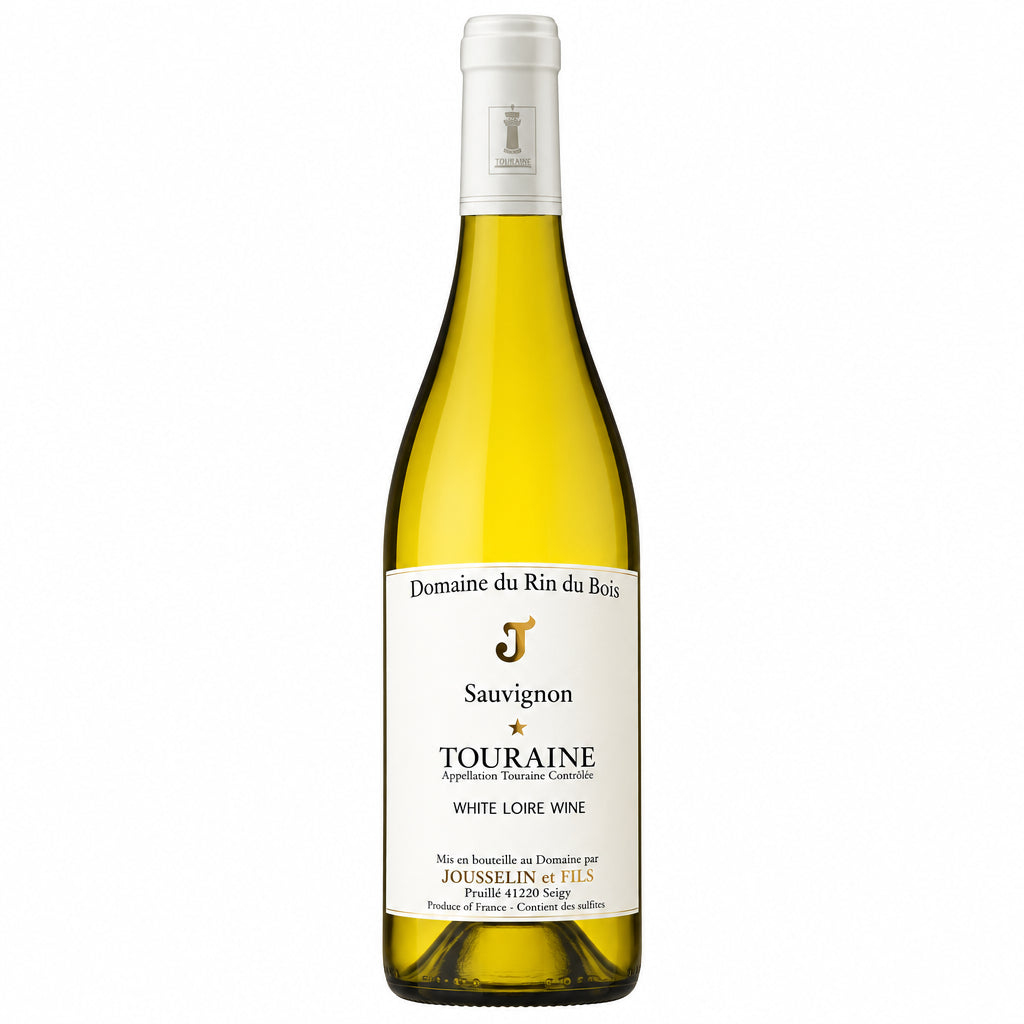 Clear image of Domaine Du Rin Touraine Sauvignon Blanc wine bottle with label visible on a plain background.