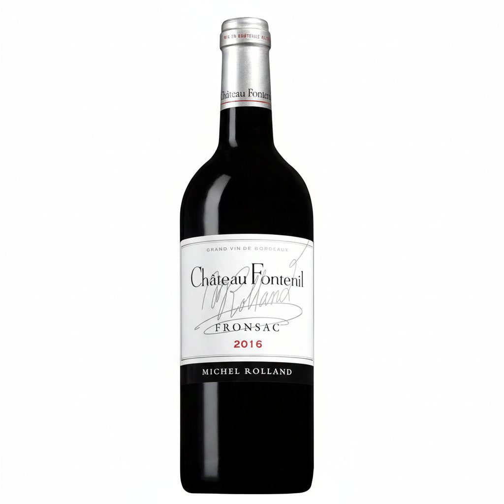 Bottle of Chateau Fontenil Bordeaux 2016 red wine with a classic label, displayed on a neutral background.