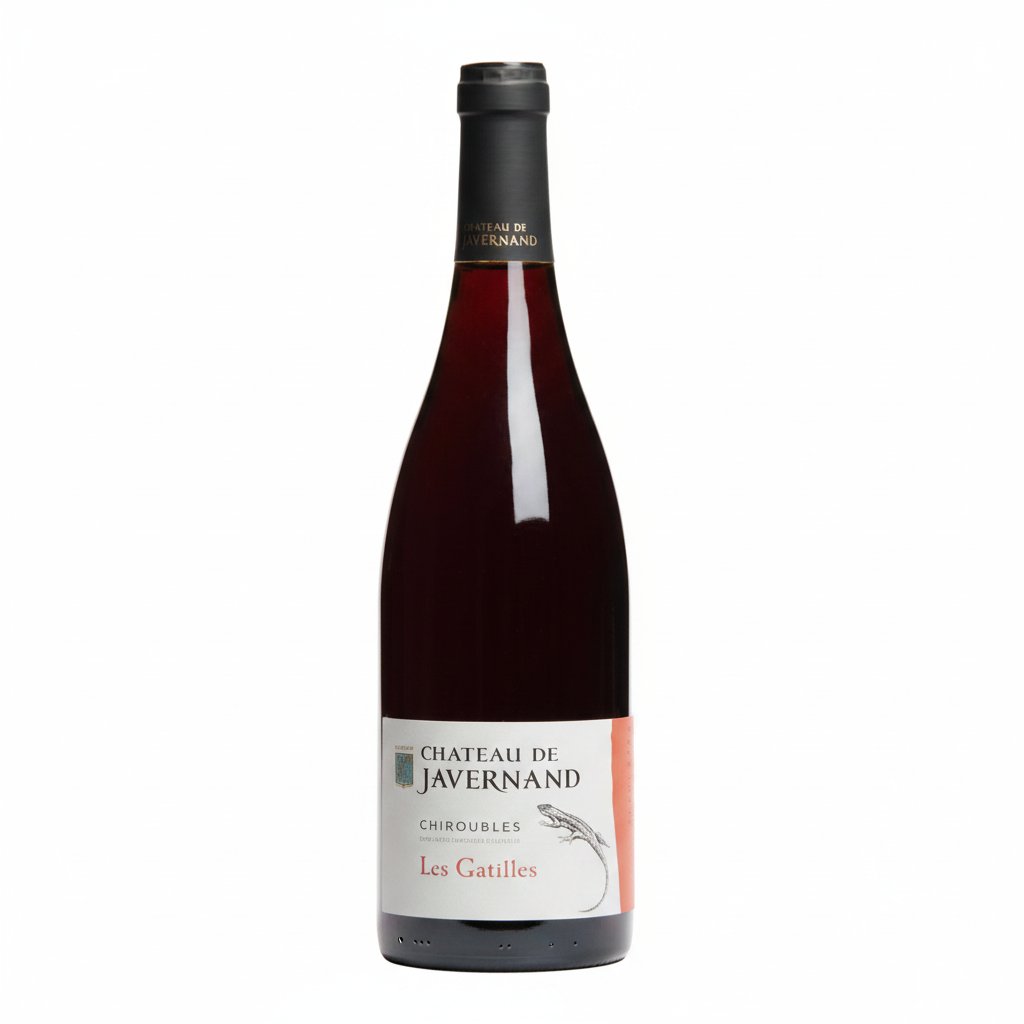 Bottle of Javernand Chiroubles Gatilles wine with a deep red color in a clear glass bottle on a wooden surface.