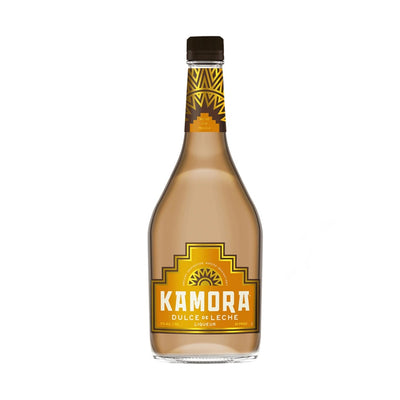 Bottle of Kamora Dulce De Leche Liqueur 750mL with caramel-colored liquid and label featuring the Kamora brand name.