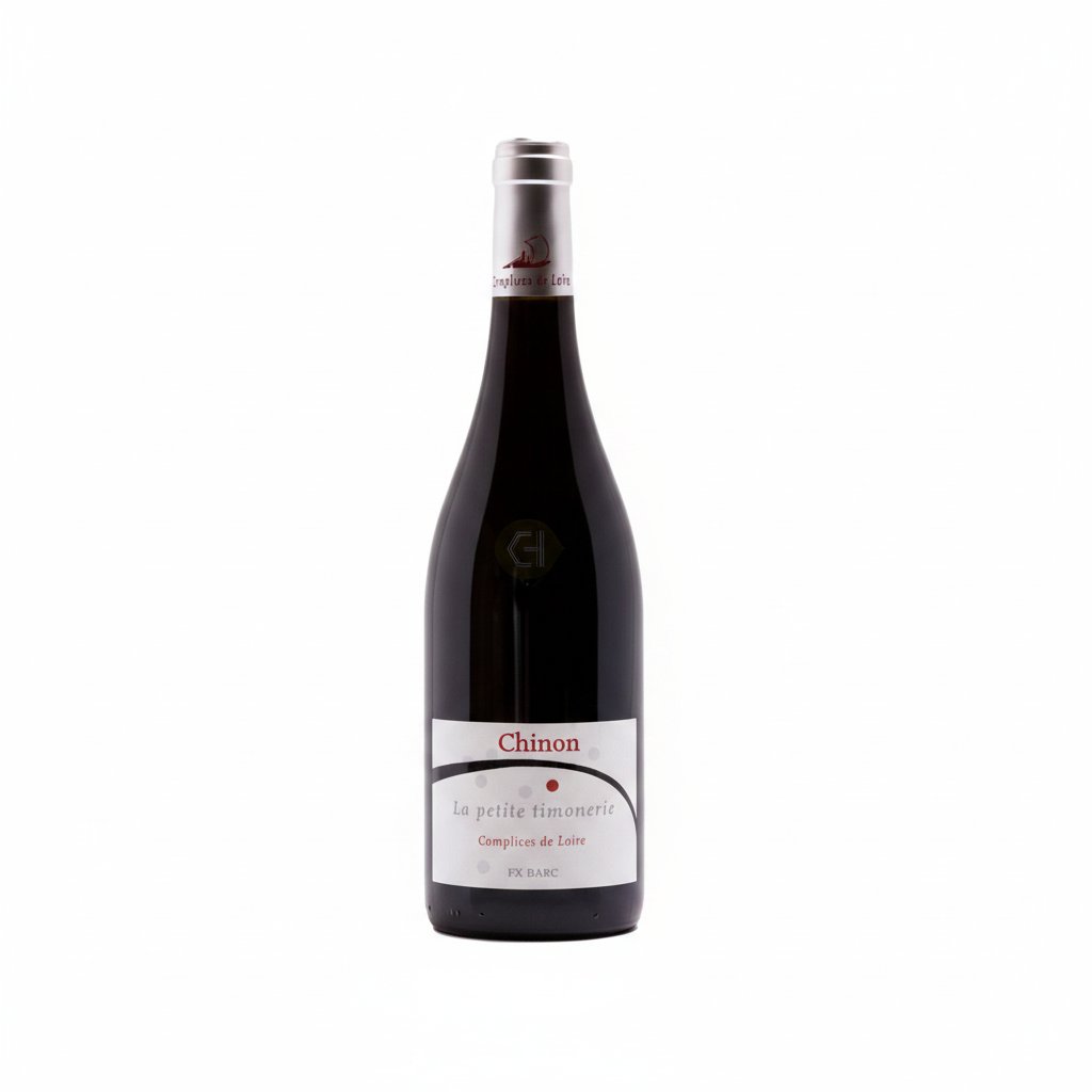 Bottle of La Petite Timonerie Chinon Red wine with a dark red liquid in a clear glass bottle.