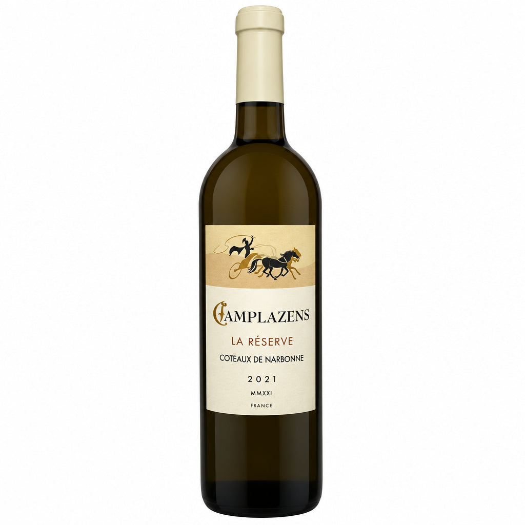 Chateau Camplazens Reserve Blanc wine bottle with label, showcasing a white wine from the Chateau Reserve Blanc collection.
