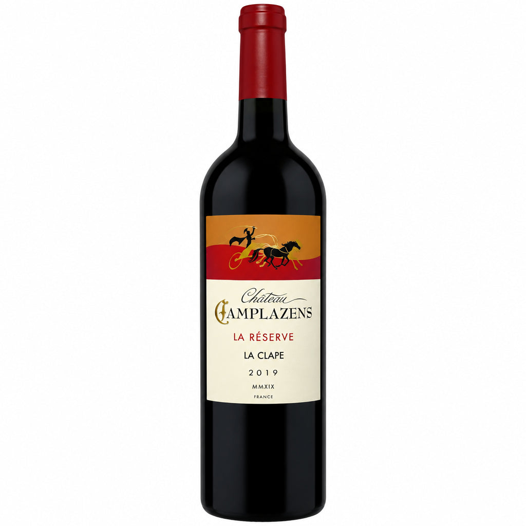 Bottle of Chateau Camplazens La Reserve La Clape Rouge wine with a dark label, set against a blurred background.