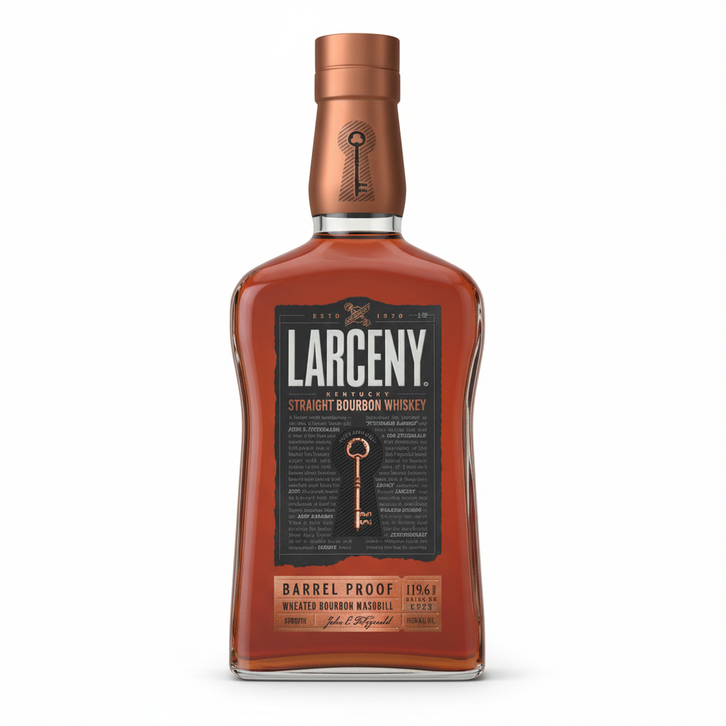 A bottle of Larceny Straight Bourbon Whiskey with a dark amber-brown glass body, a metallic copper-brown neck seal, and a black label featuring a gold key graphic and white brand text.