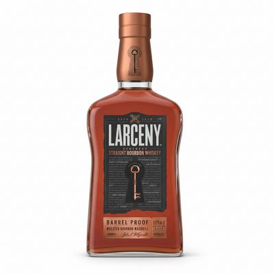 Larceny Bourbon Barrel Proof 750mL bottle with a clear label, showcasing the rich amber color of the whiskey inside.