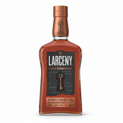 A bottle of Larceny Straight Bourbon Whiskey with a dark amber-brown glass body, a metallic copper-brown neck seal, and a black label featuring a gold key graphic and white brand text.