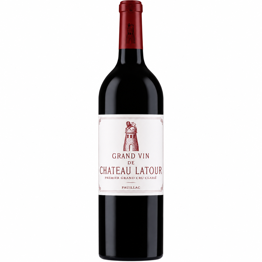 Bottle of Chateau Latour 2014 red wine with label visible, showcasing the iconic Chateau wine bottle on a neutral background.