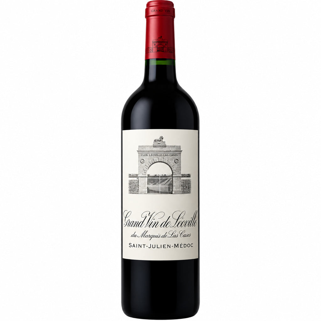 Bottle of Chateau Leoville Las Cases 2010 red wine in a 1.5L Bordeaux bottle with a dark label and gold accents.