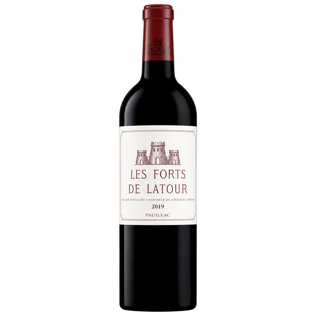 Bottle of Les Forts De Latour 2019 red wine from Les, showcasing the label and dark glass bottle on a neutral background.