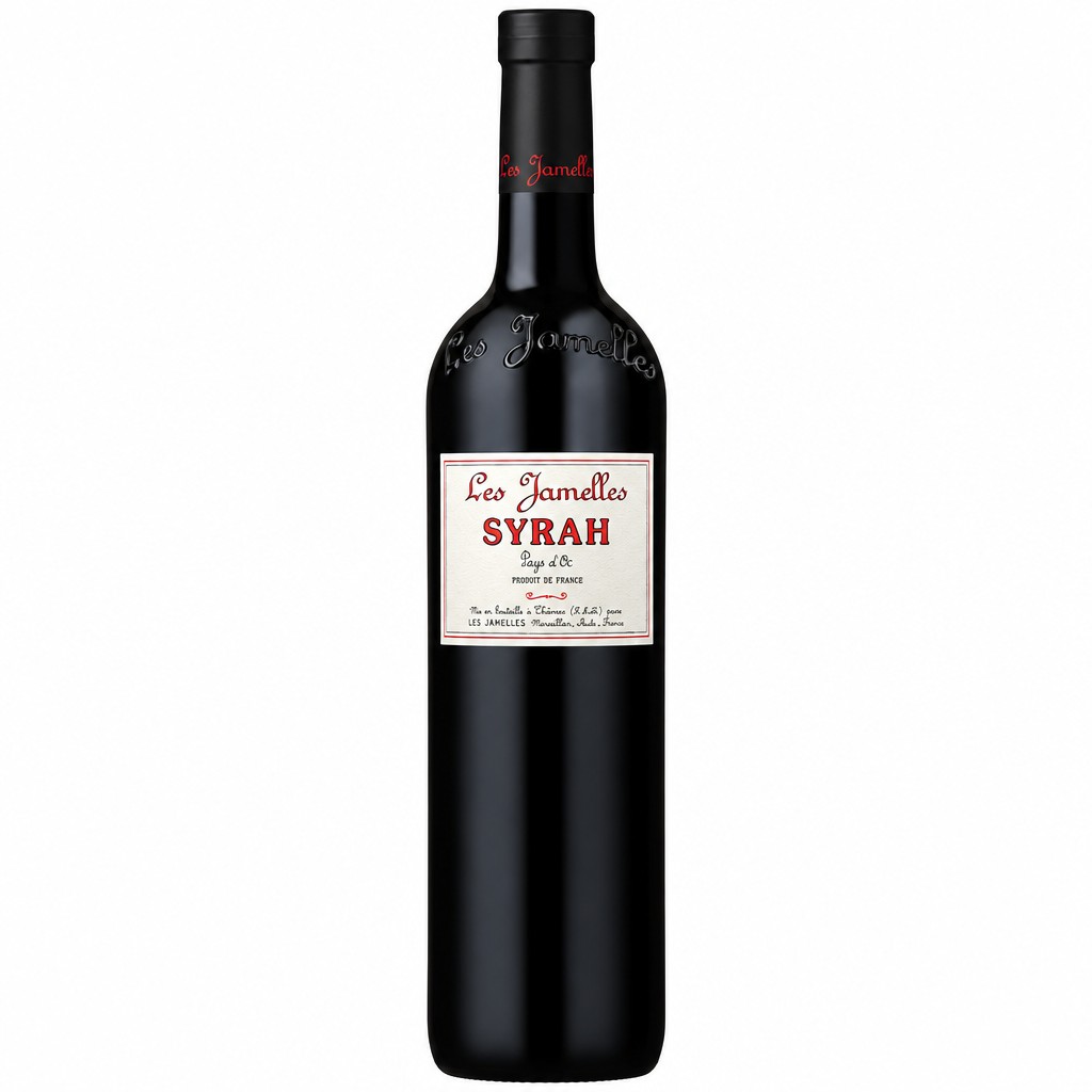 Les Jamelles Syrah Vin De Pays d'OC bottle with dark glass and label, showcasing a French red wine from the Les brand.