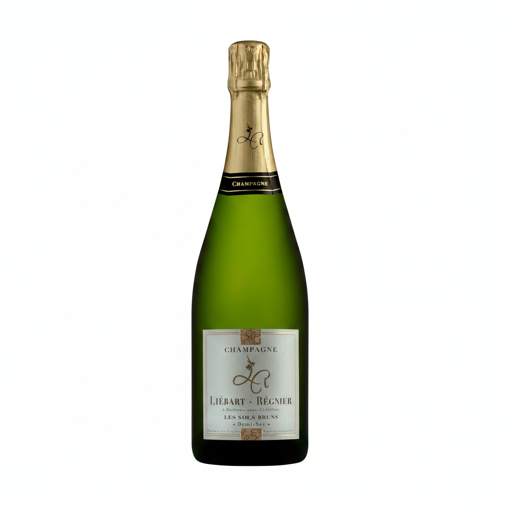 Liebart-Regnier Demi-Sec wine bottle with elegant label, showcasing a French sparkling wine in a clear glass bottle.