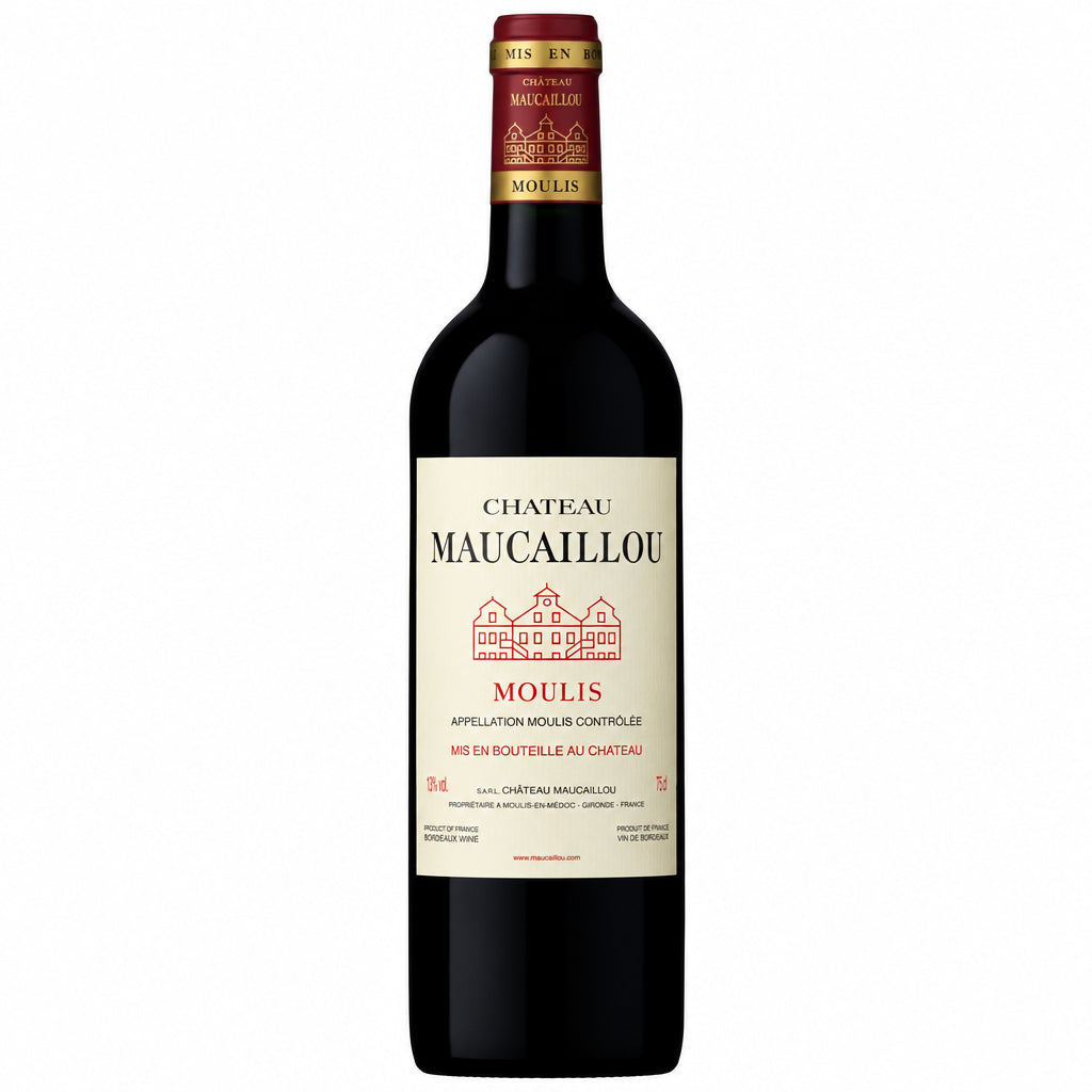 Chateau Maucaillou Moulis wine bottle with label visible, showcasing a red wine from the Bordeaux region.