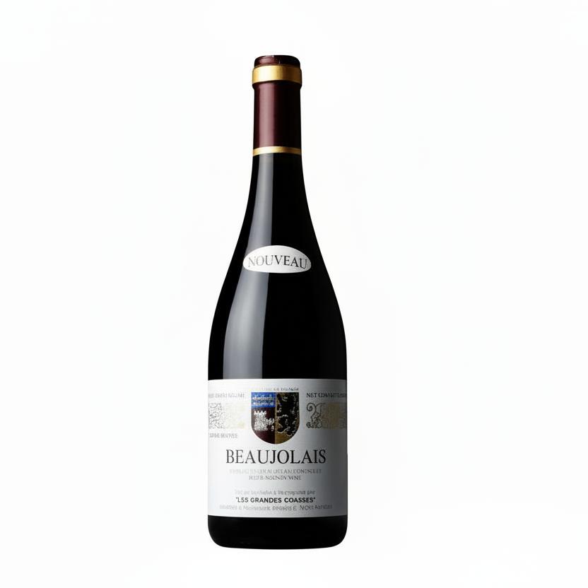 Bottle of Paul Durdilly et Fils Beaujolais Les Grandes Coasses red wine with label visible, placed on a wooden surface.