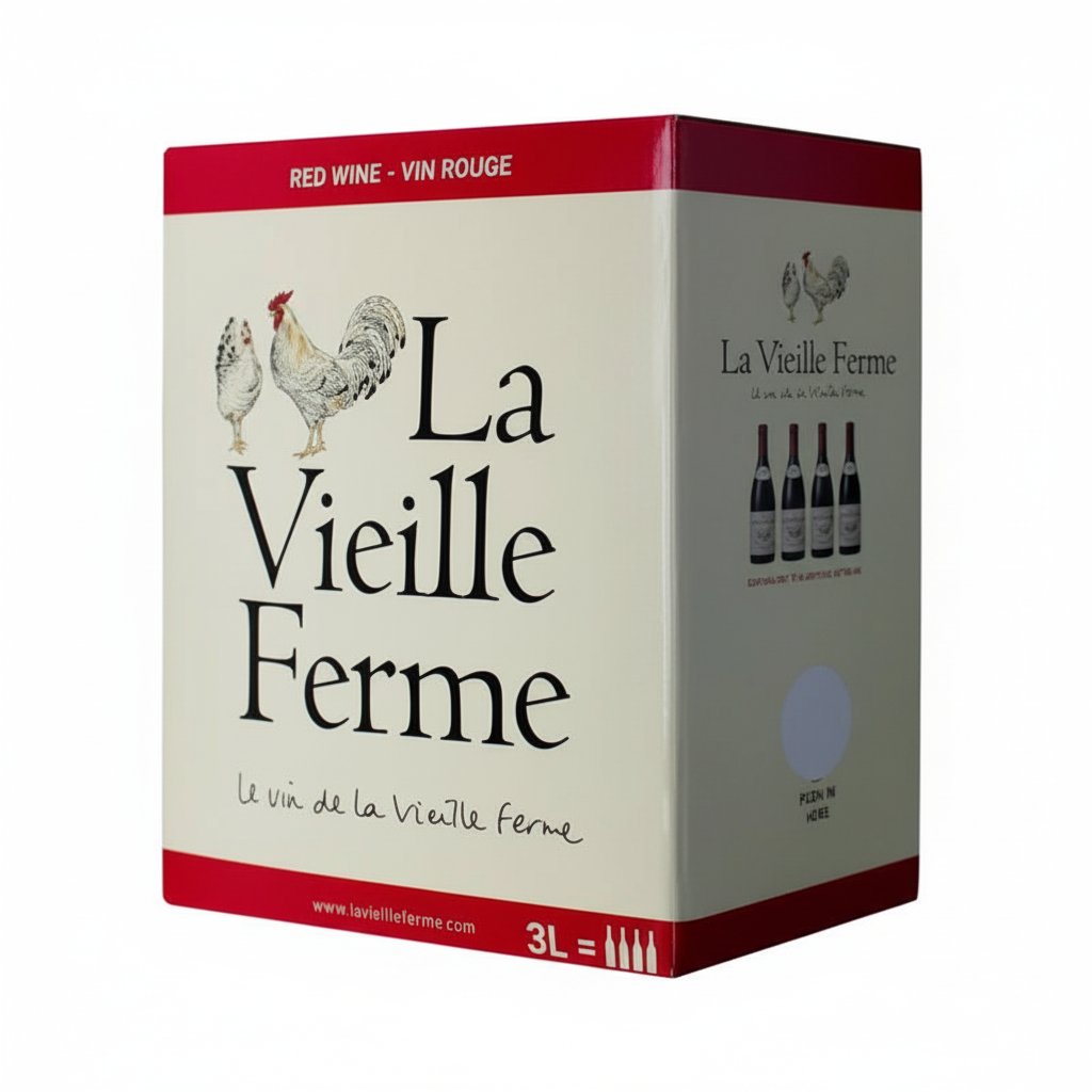 Perrin La Vieille Ferme Red wine in a 3L bag-in-box with a colorful label and a clear spout for pouring.