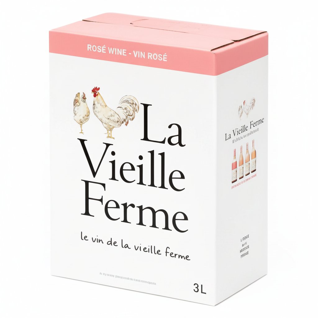 Perrin La Vieille Ferme Rose 3L Bag in Box showing a pink rosé wine container with a label and spout for pouring.