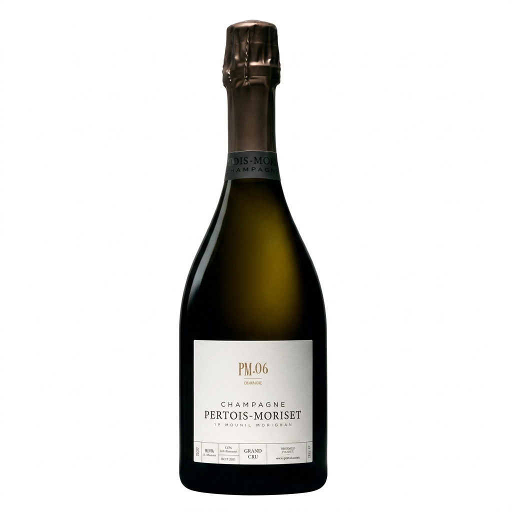 Bottle of Champagne Pertois Moriset PM.06 Grand Cru with elegant label and foil cap, showcased against a neutral background.