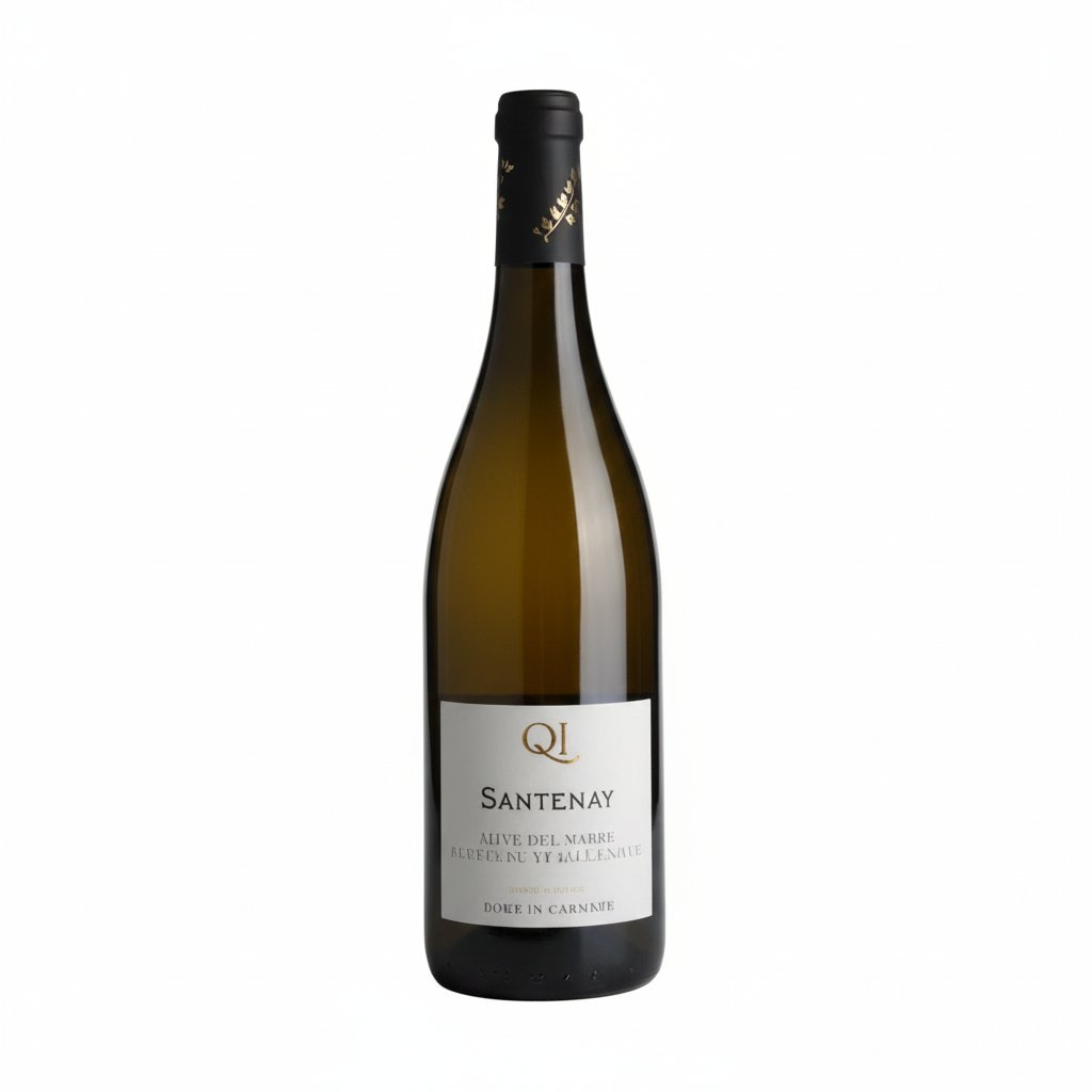 Bottle of Quentin Jeannot Santenay Clos des Hates White wine in a clear glass bottle with a label featuring gold and black accents.