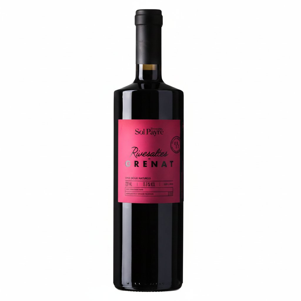 Bottle of Rivesaltes Grenat wine from Rivesaltes, featuring a dark red color and elegant label design.