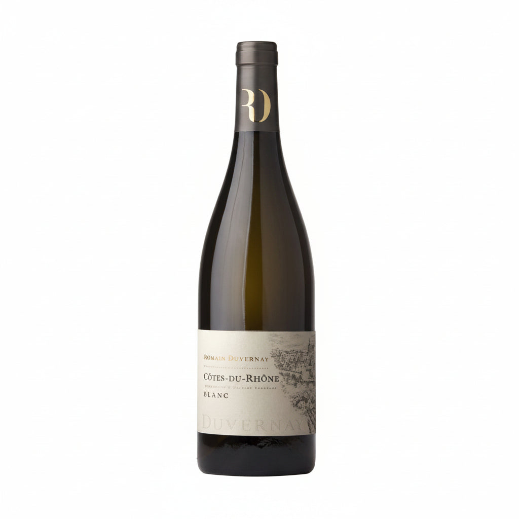Clear glass bottle of Romain Duvernay Cotes Du Rhone Blanc white wine with a label featuring vineyards and the Romain brand name.