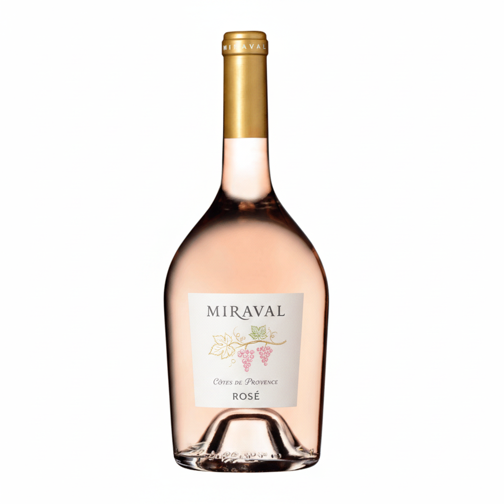 Chateau Miraval Cotes de Provence Rose wine bottle with a clear label and a pinkish hue, displayed on a neutral background.