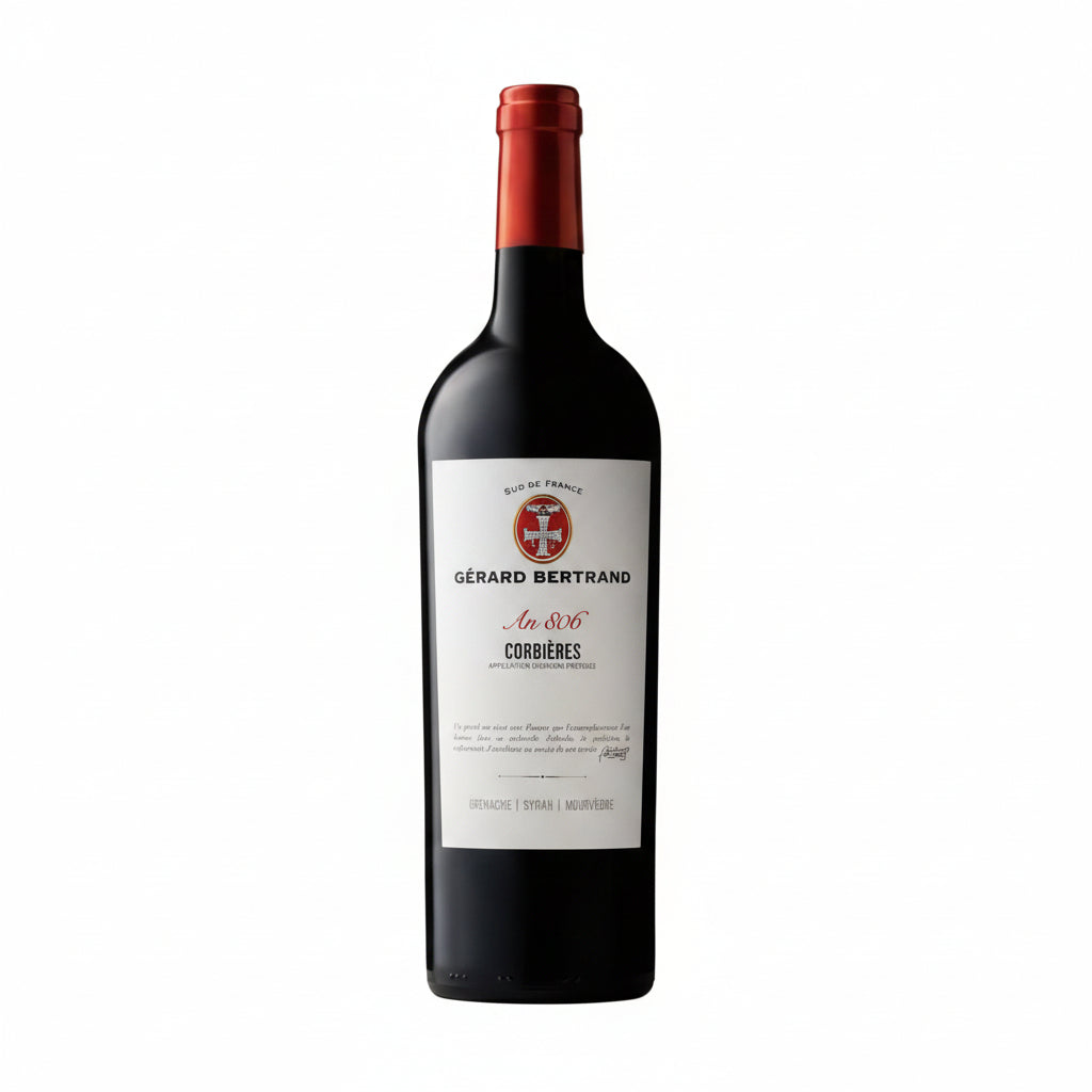 Gerard Bertrand An 806 Corbieres wine bottle with label and cork, showcasing a dark glass bottle with elegant label design.