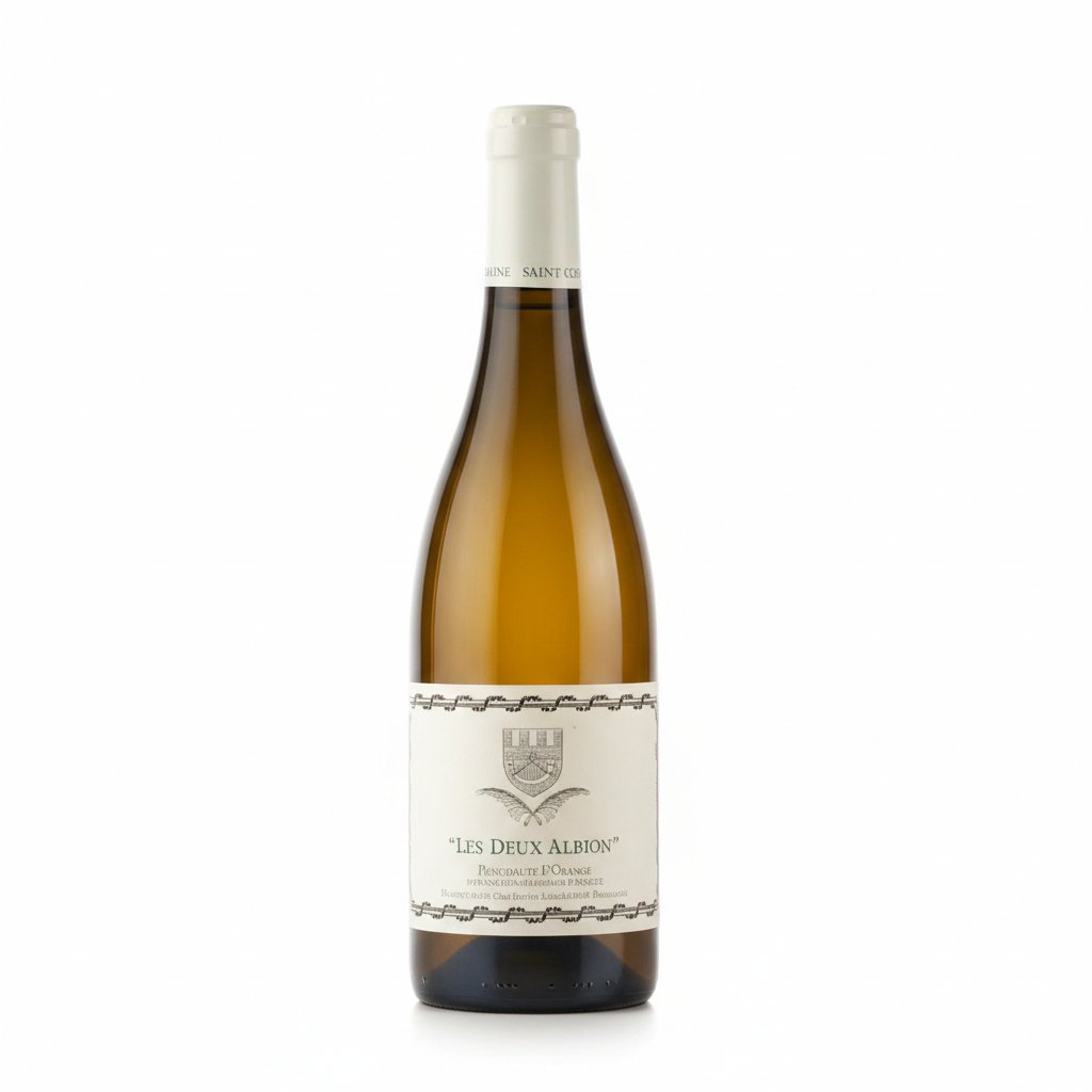 A bottle of Saint Cosme Les Deux Albion Blanc white wine with a label featuring a scenic landscape and elegant branding.
