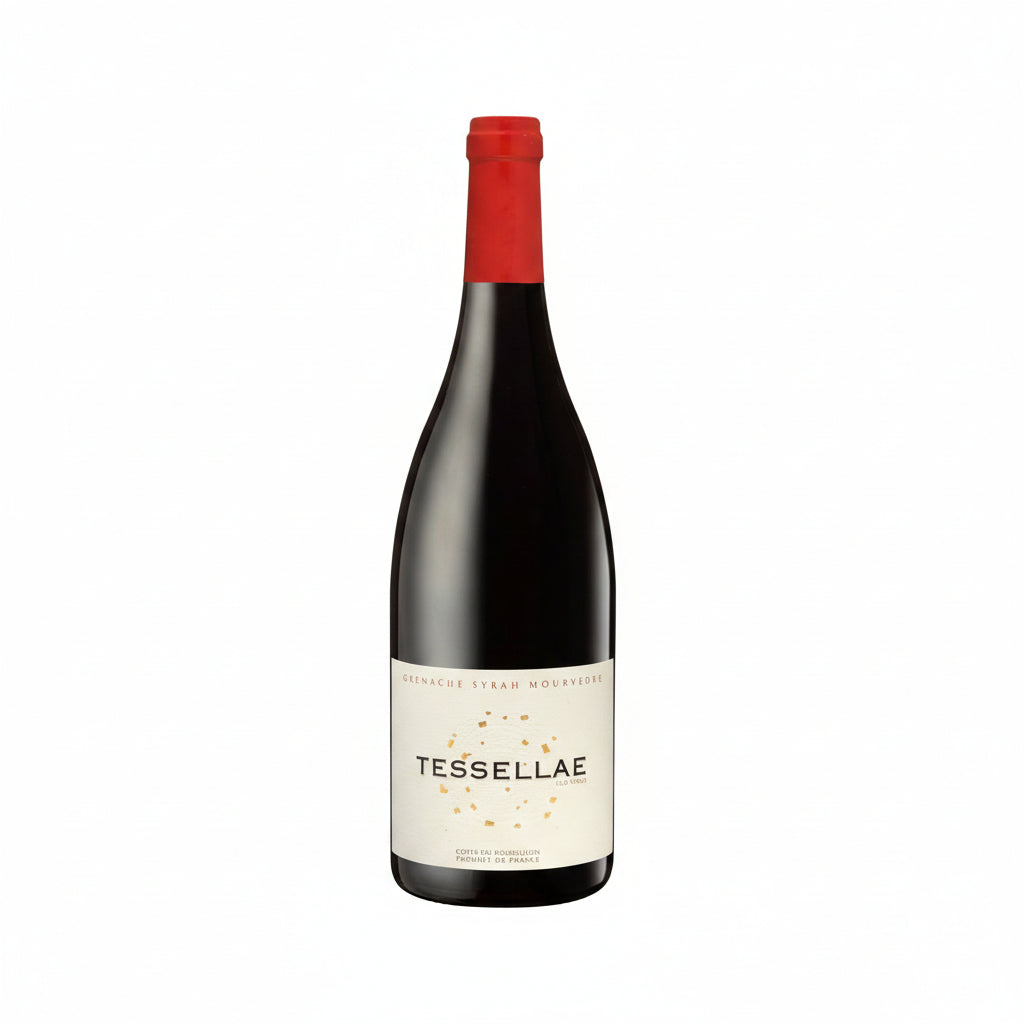 Bottle of Domaine Lafage Tessellae GSM Old Vines red wine with label visible, placed on a wooden surface.