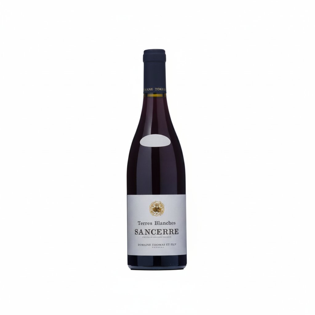 Bottle of Terres Blanches Sancerre Rouge wine with a dark label and cork, set against a neutral background.