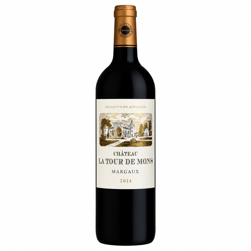 Chateau La Tour de Mons Margaux Cru wine bottle with label and capsule, showcasing elegant glass bottle design.