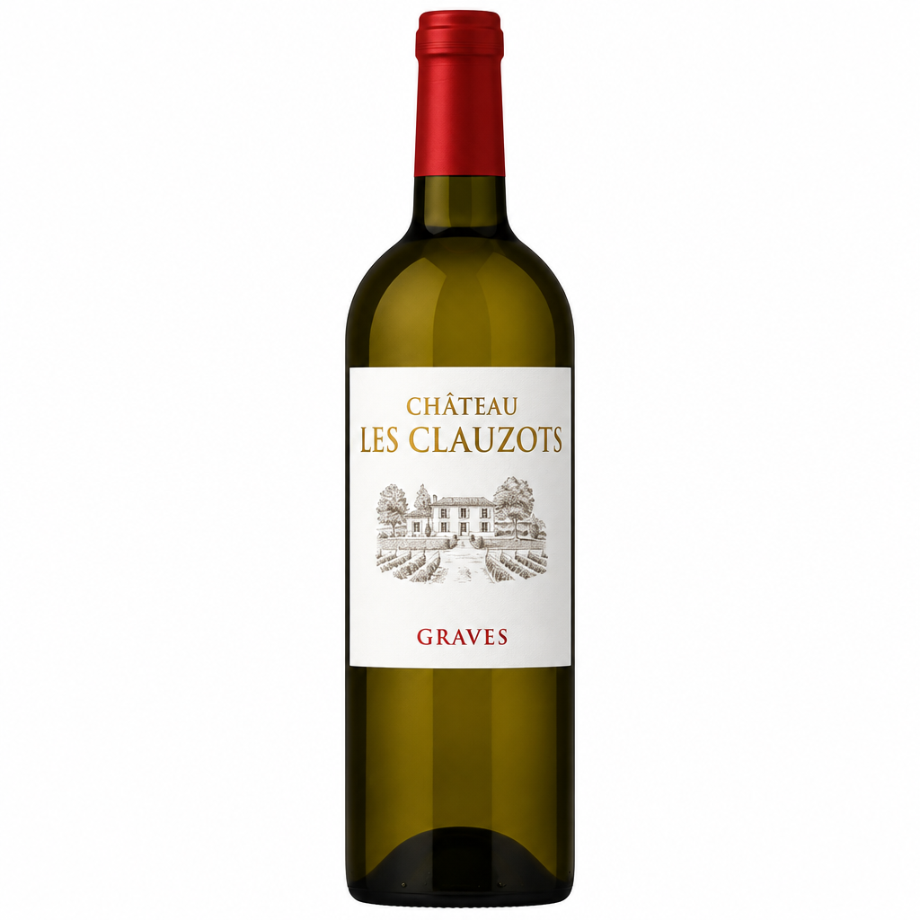 Bottle of Chateau Les Clauzots Graves wine with label visible, featuring elegant design and vineyard imagery.