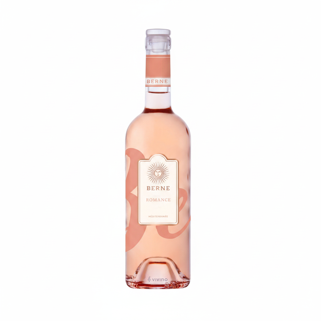 Chateau De Berne Romance Rosé wine bottle with elegant label and soft pink color, displayed on a white background.